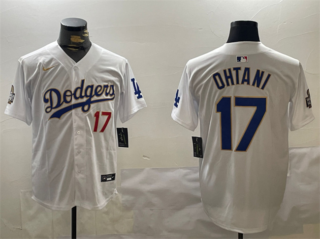 Men's White Gold Los Angeles Dodgers #17 Shohei Ohtani 2024 World Series Home Limited Stitched Baseball Jersey